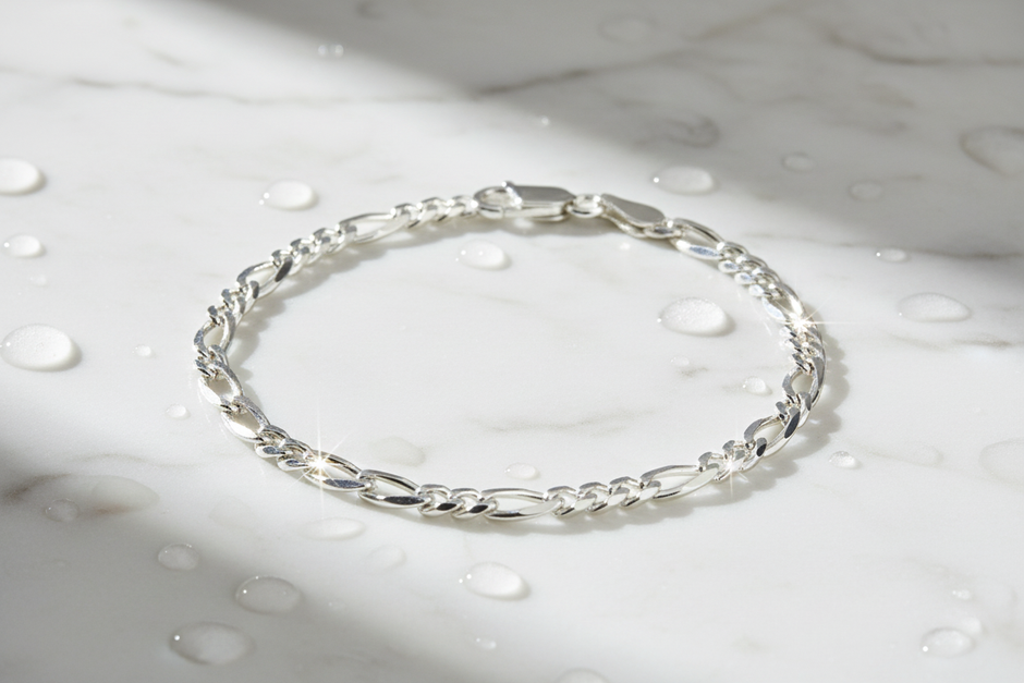 Italian sterling silver figaro chain bracelet on marble with water drops