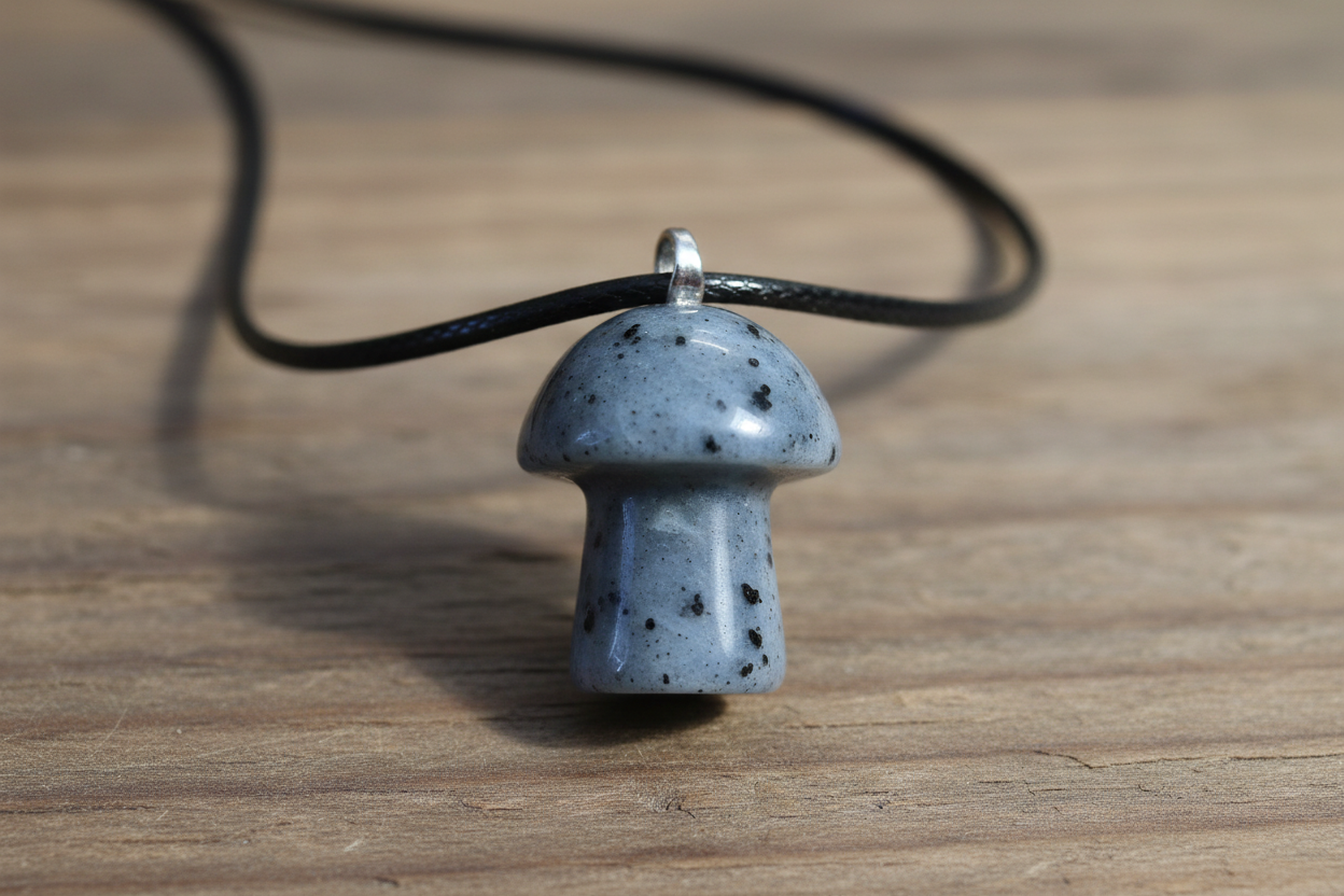 Labradorite Mushroom Pendant – Wooden Surface
