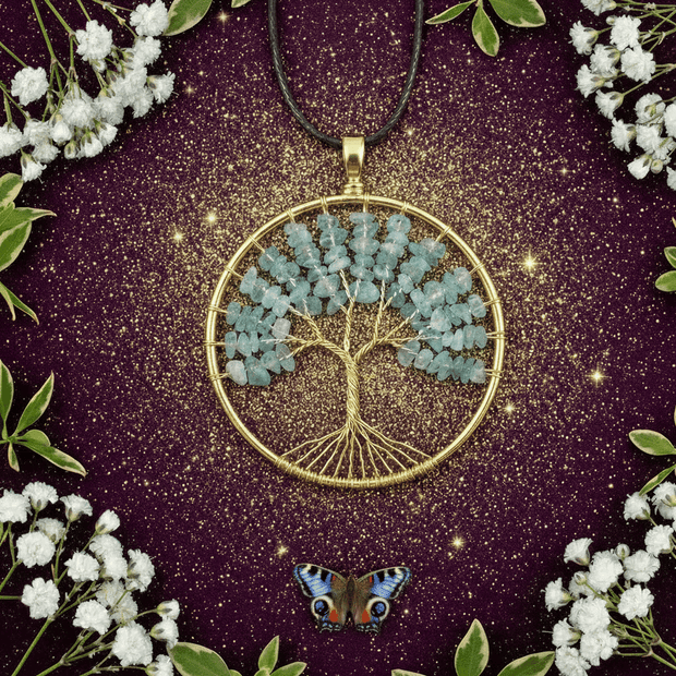 Large Gold Aquamarine Crystal Stone Tree Pendant Necklace - DP Online