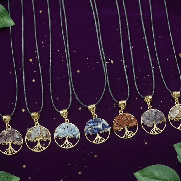Large Gold Crystal Stone Tree of Life Pendant Necklaces - DP Online