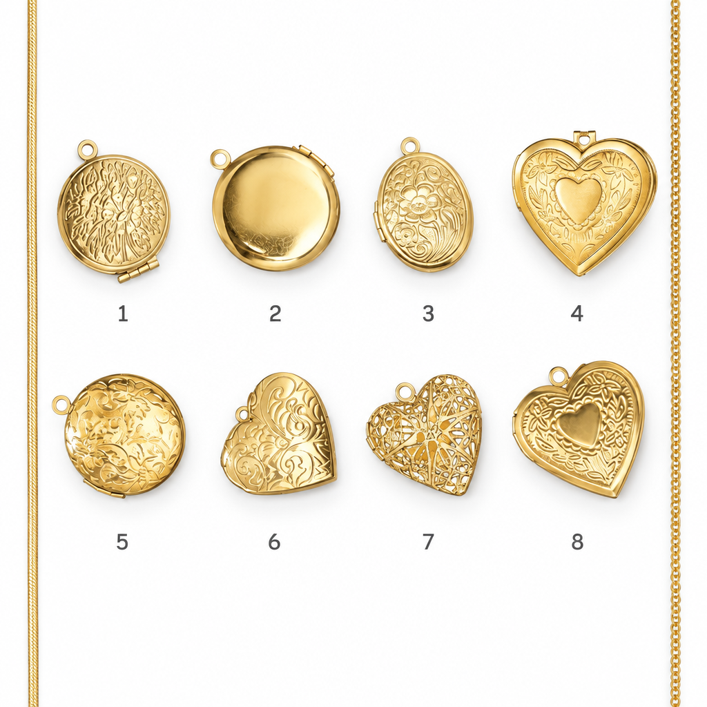 Locket collection with chains on white