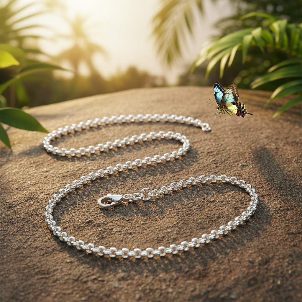 Long belcher chain with butterfly landing on rock