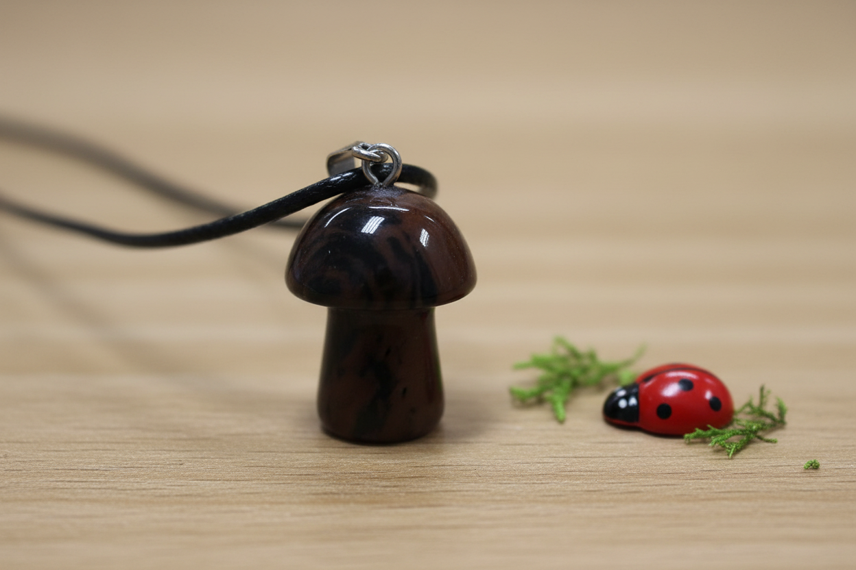 Mahogany Obsidian Mushroom Pendant – Wooden Surface