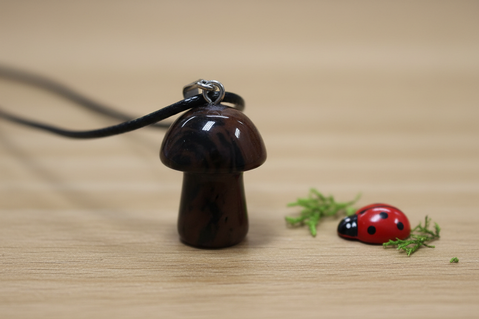 Mahogany Obsidian Mushroom Pendant – Wooden Surface