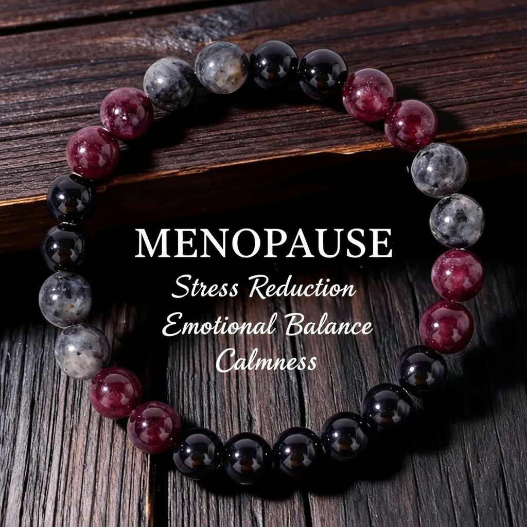 Menopause bracelet — dark wood background