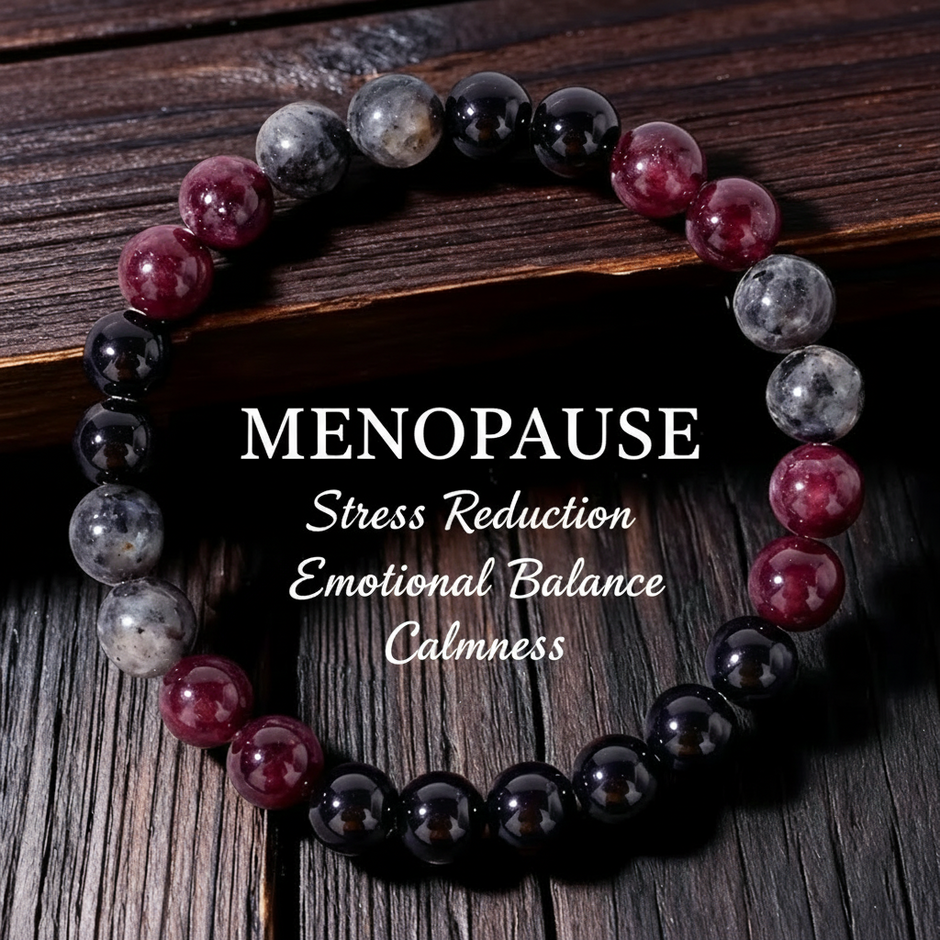 Menopause bracelet — dark wood background