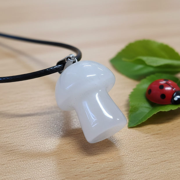 Milky Quartz Mushroom Pendant – Wooden Surface