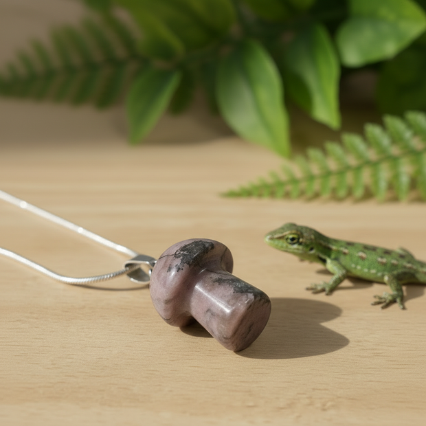 Mushroom Pendant – Wooden Surface with Greenery & Lizard
