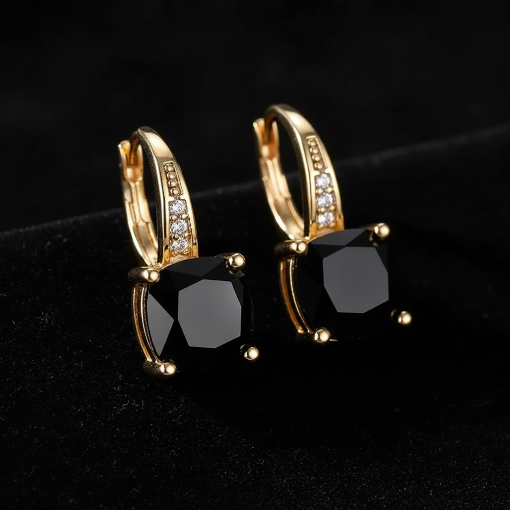 Mystic Black Spinel Stone Hoop Gold Earrings - V1