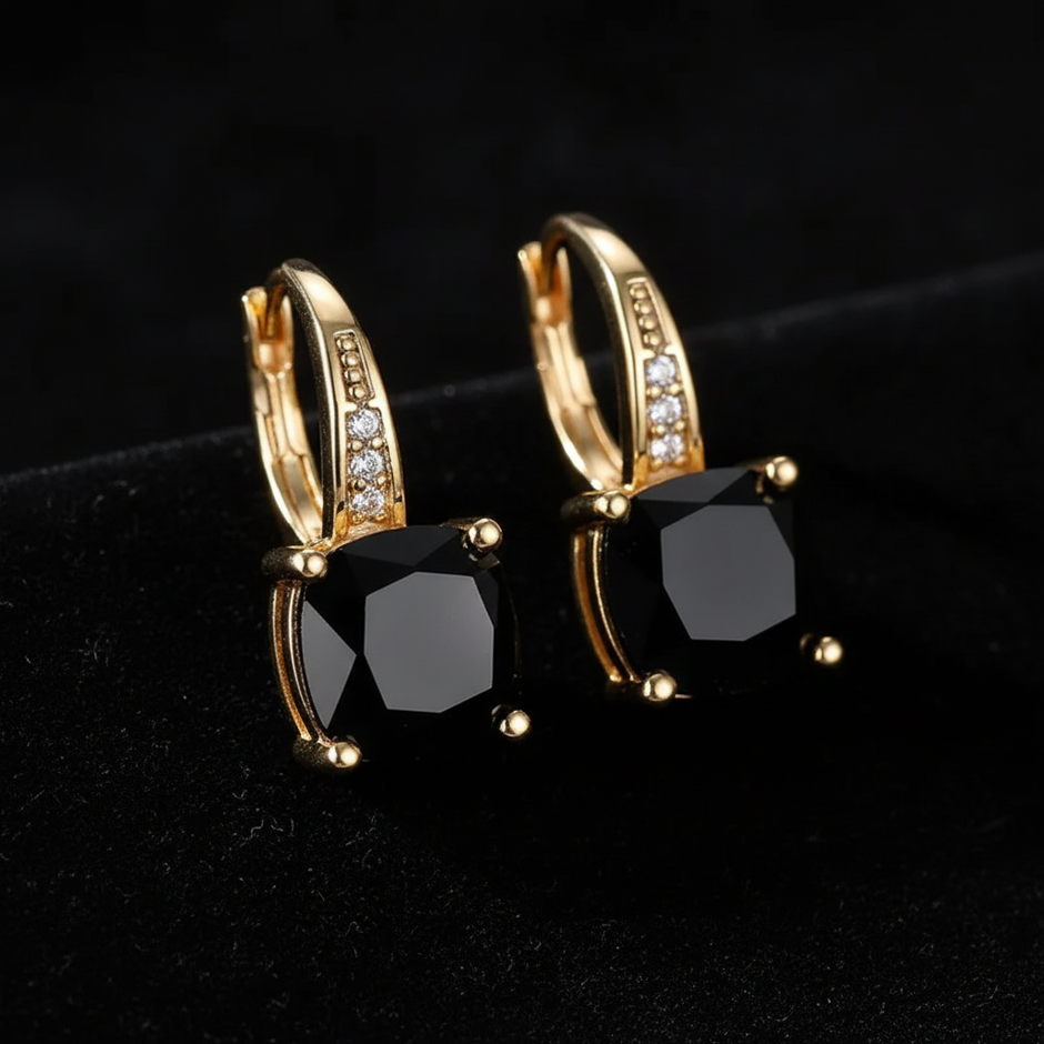 Mystic Black Spinel Stone Hoop Gold Earrings - V1