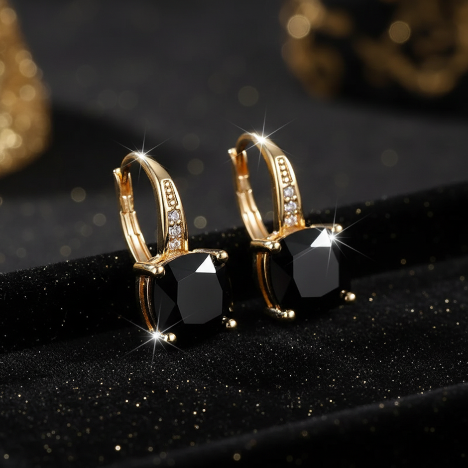 Mystic Black Spinel Stone Hoop Gold Earrings - V2