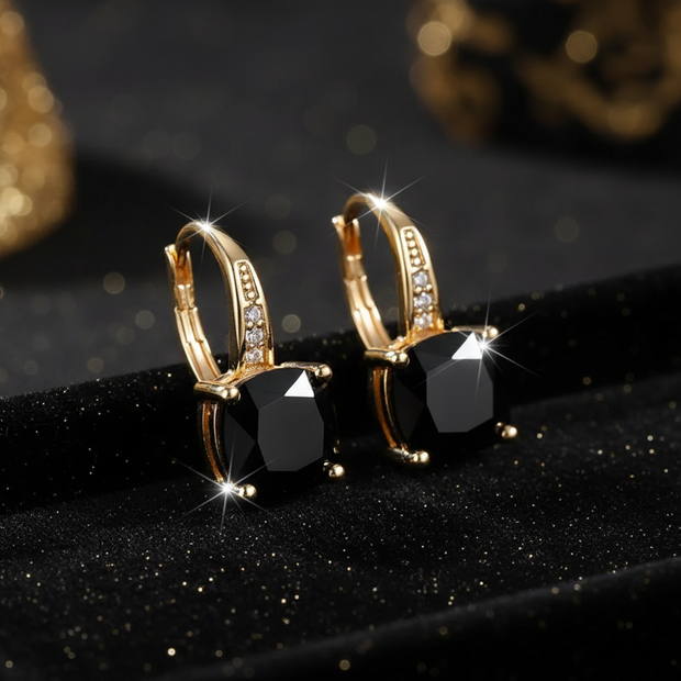 Mystic Black Spinel Stone Hoop Gold Earrings - V2