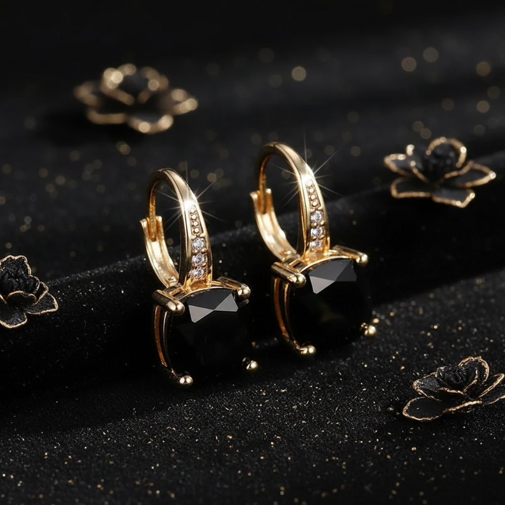 Mystic Black Spinel Stone Hoop Gold Earrings - V3