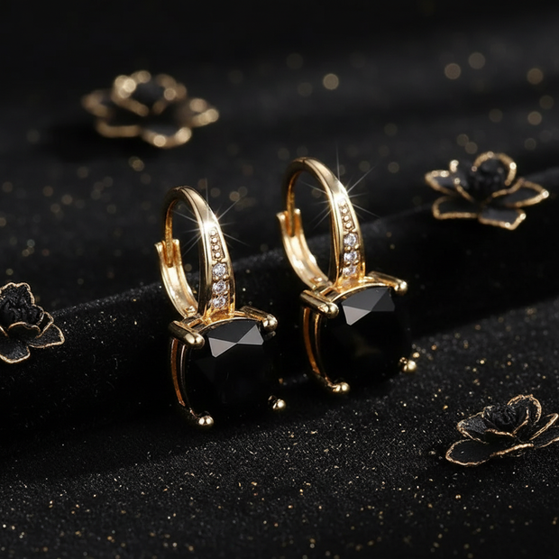 Mystic Black Spinel Stone Hoop Gold Earrings - V3