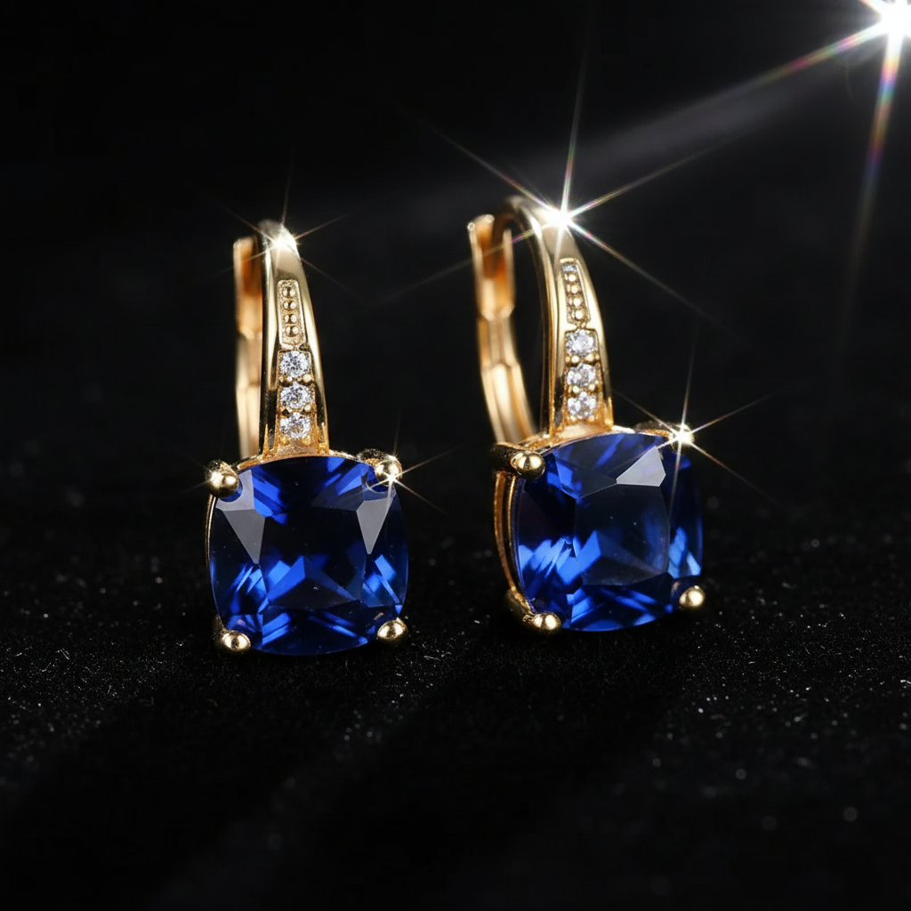 Mystic Blue Sapphire Stone Hoop Gold Earrings - V1 Redo