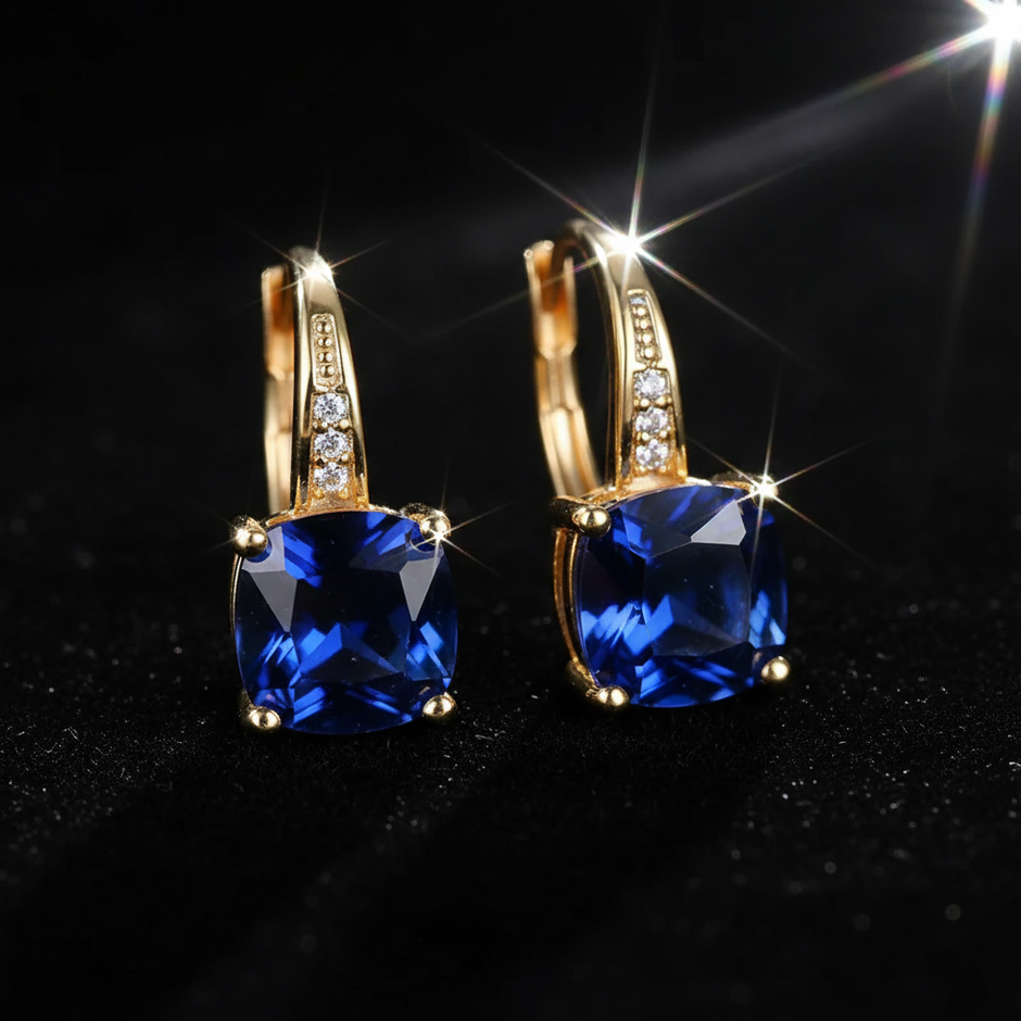 Mystic Blue Sapphire Stone Hoop Gold Earrings - V1 Redo