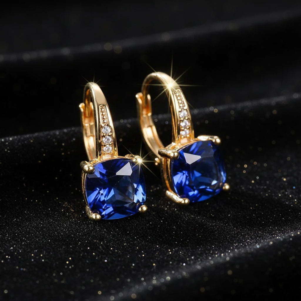 Mystic Blue Sapphire Stone Hoop Gold Earrings - V2