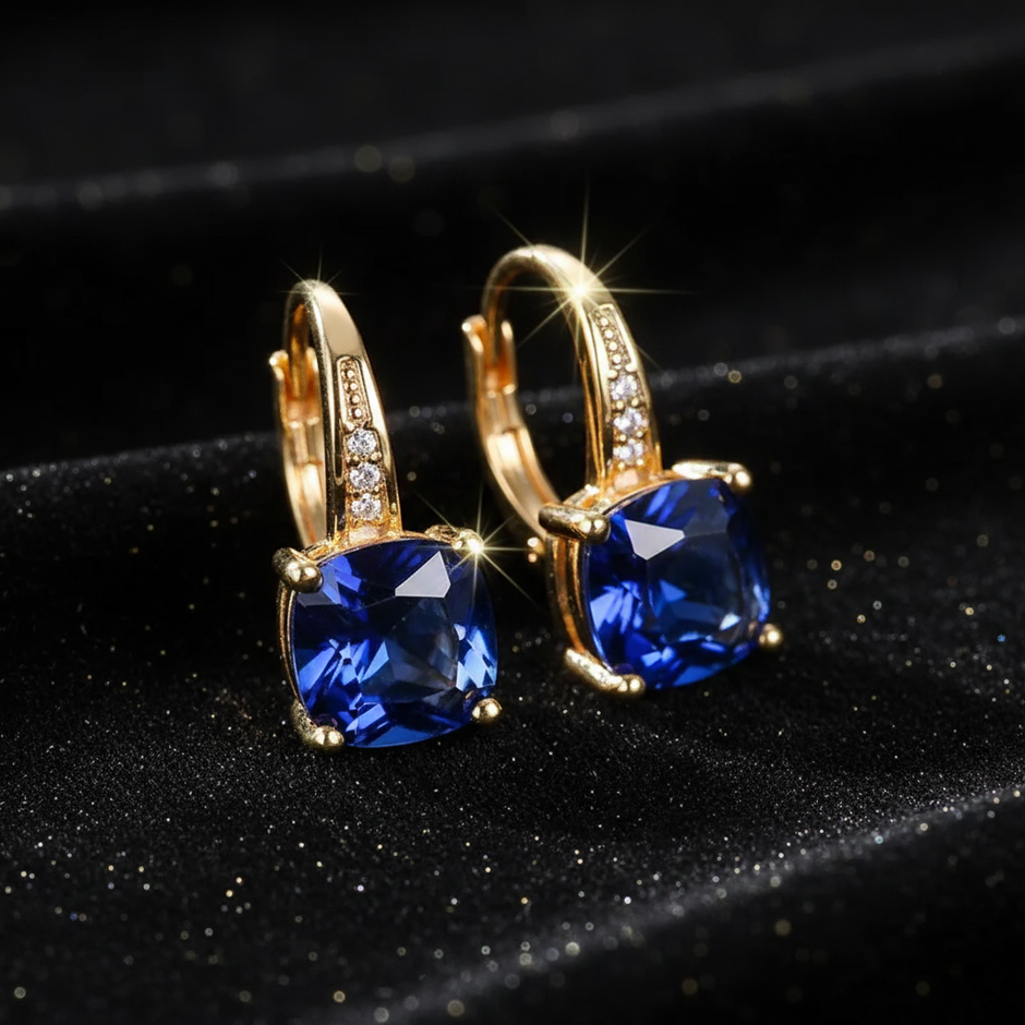 Mystic Blue Sapphire Stone Hoop Gold Earrings - V2