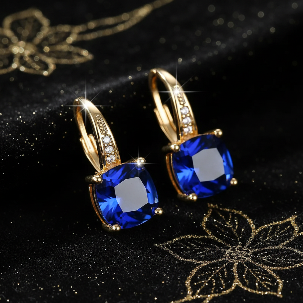 Mystic Blue Sapphire Stone Hoop Gold Earrings - V3