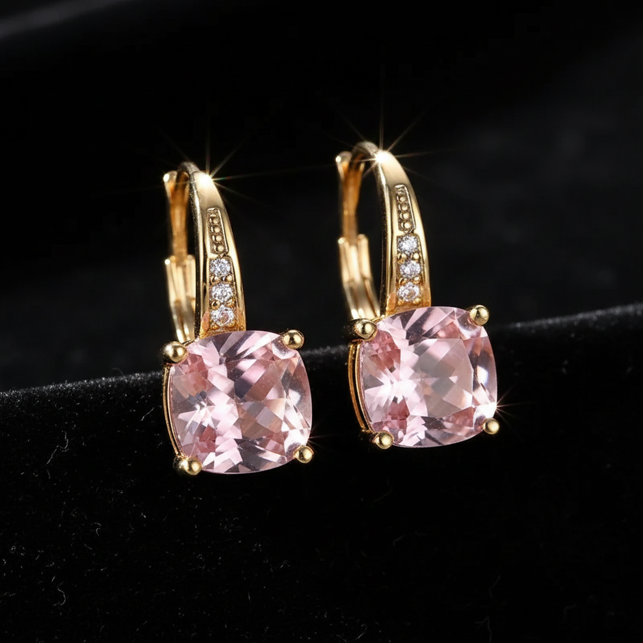 Mystic Pink Sapphire Stone Hoop Gold Earrings - V1
