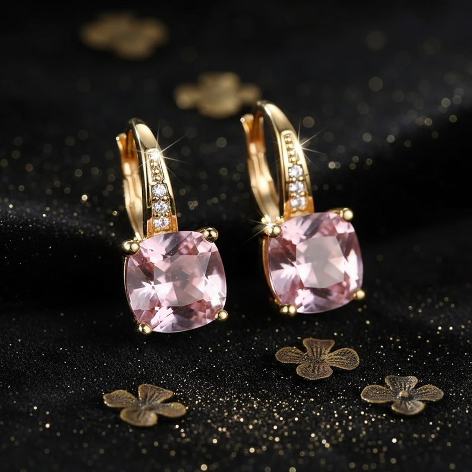 Mystic Pink Sapphire Stone Hoop Gold Earrings - V3