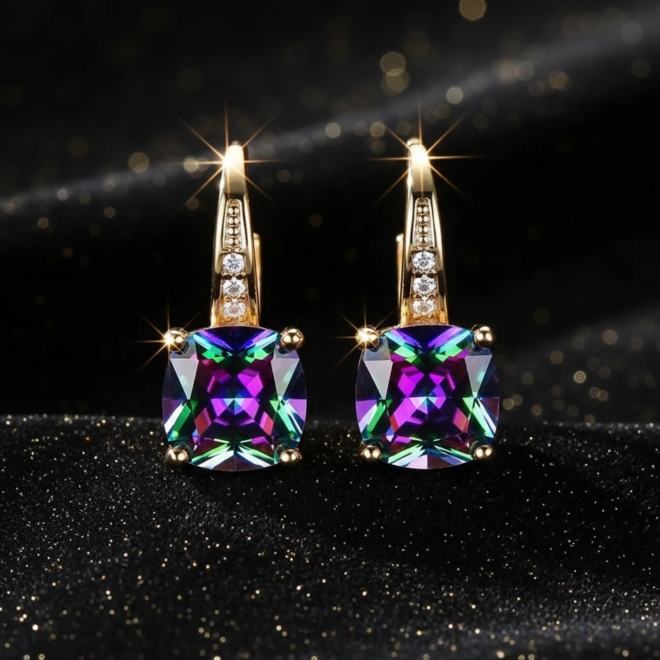 Mystic Rainbow Topaz Stone Hoop Gold Earrings - Front On Sparkle