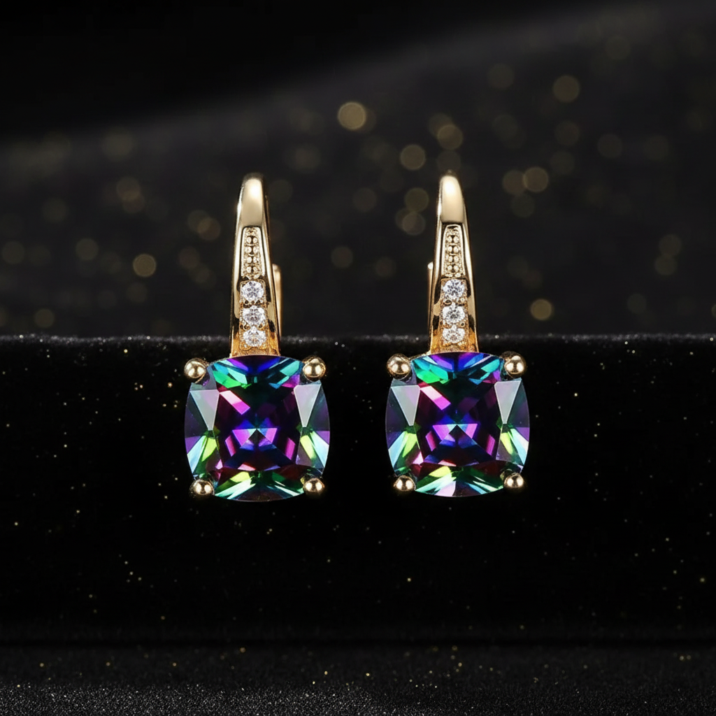Mystic Rainbow Topaz Stone Hoop Gold Earrings - Front On