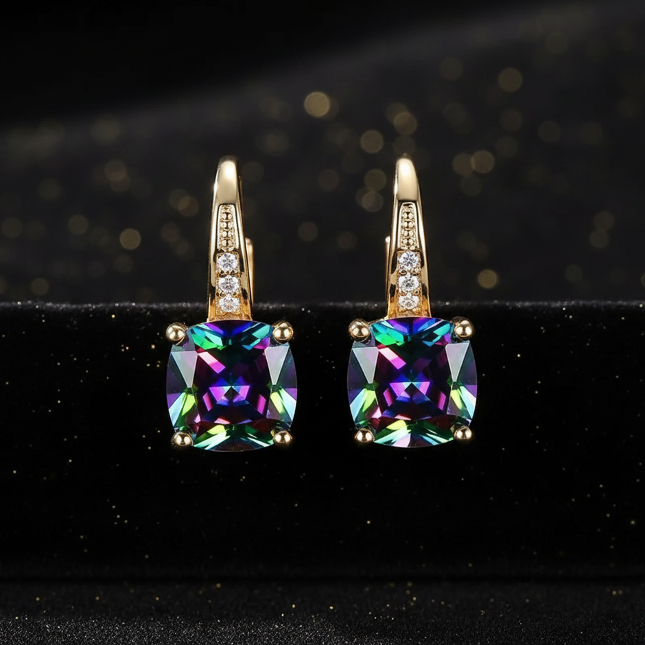 Mystic Rainbow Topaz Stone Hoop Gold Earrings - Front On