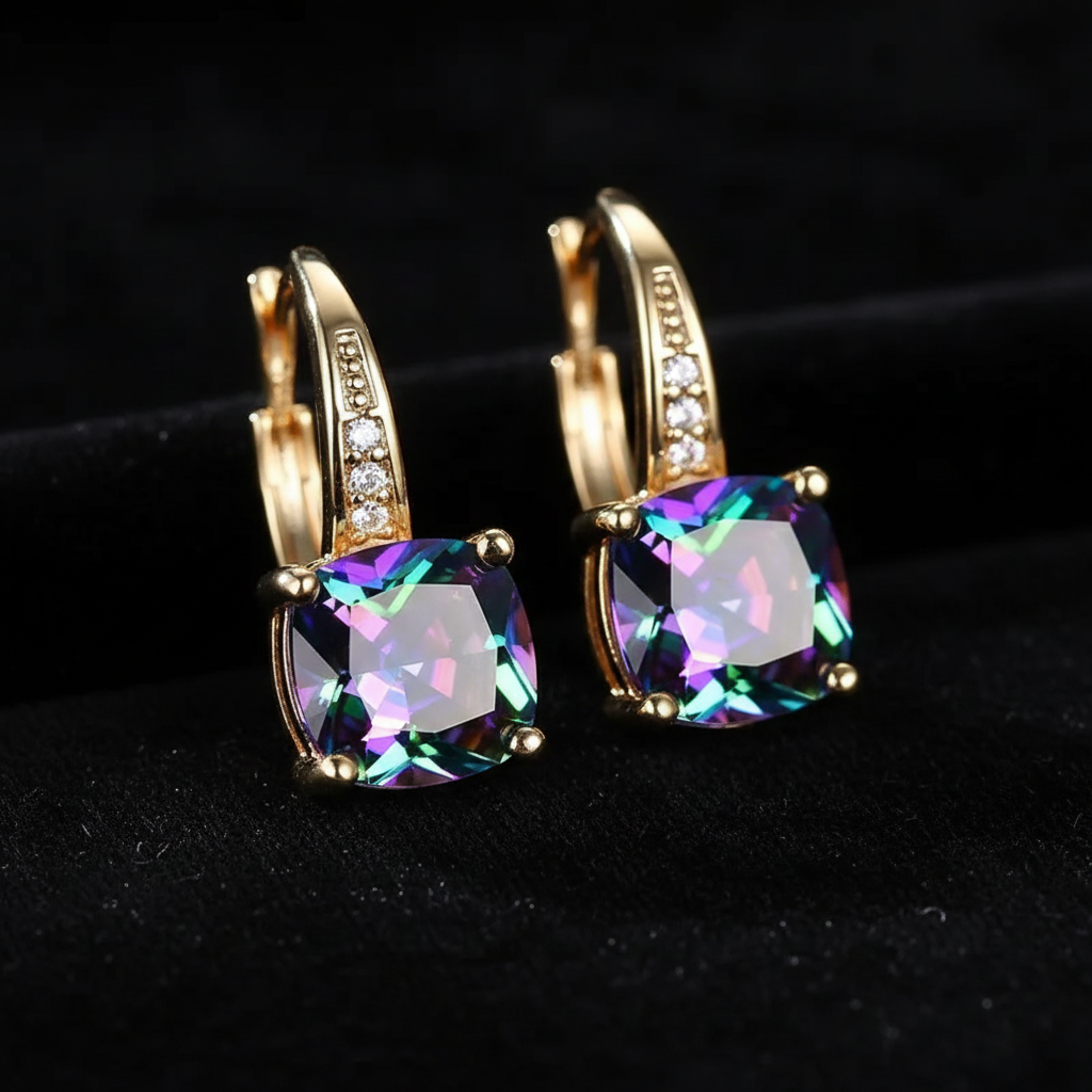 Mystic Rainbow Topaz Stone Hoop Gold Earrings - V1