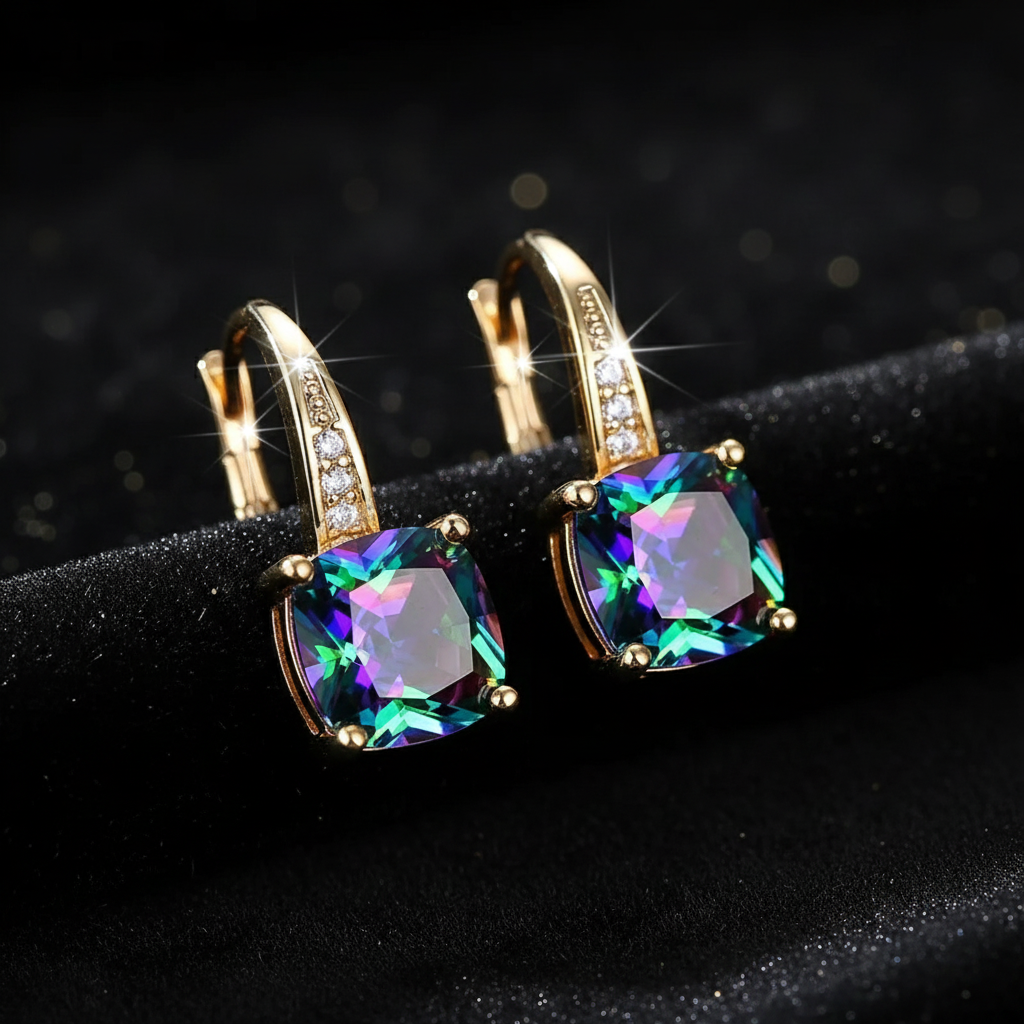 Mystic Rainbow Topaz Stone Hoop Gold Earrings - V2