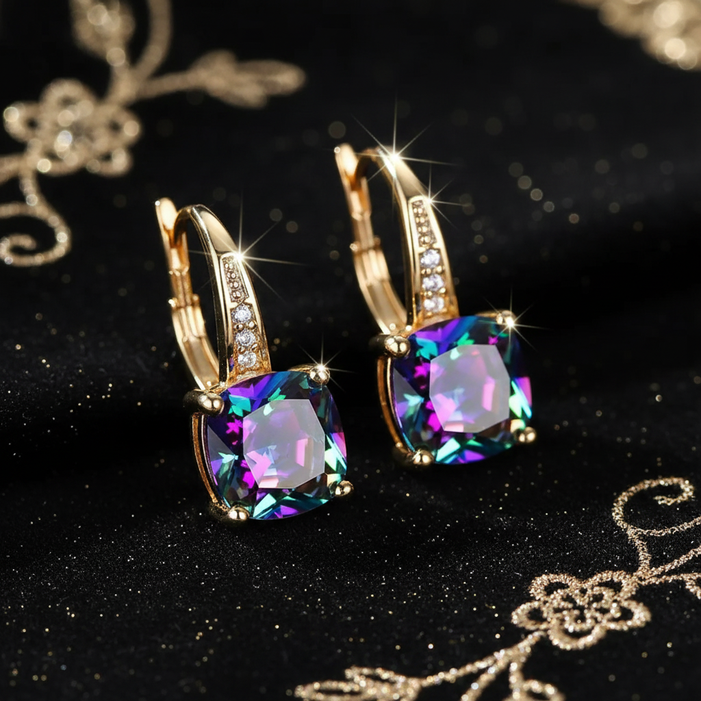 Mystic Rainbow Topaz Stone Hoop Gold Earrings - V3