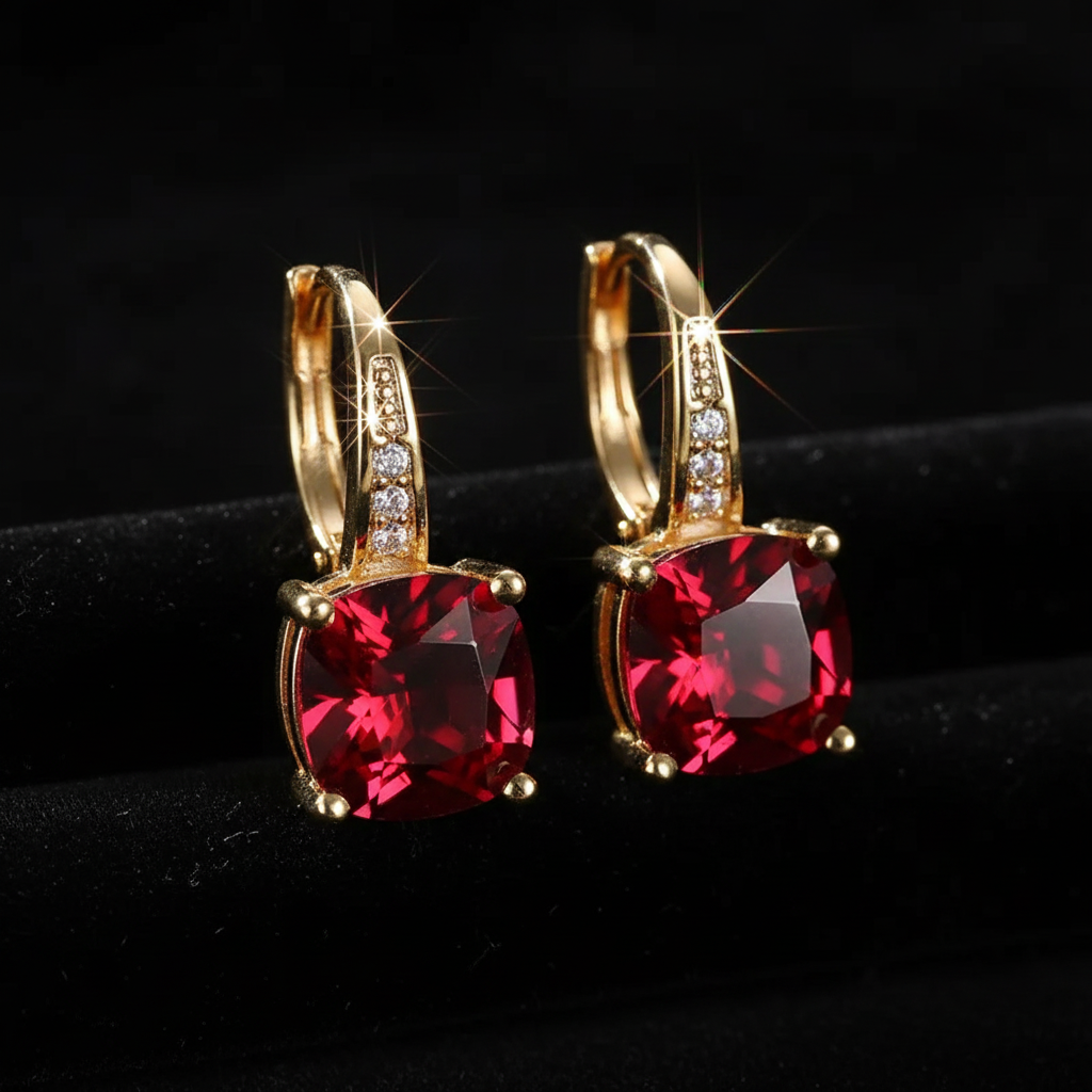 Mystic Ruby Stone Hoop Gold Earrings - V1