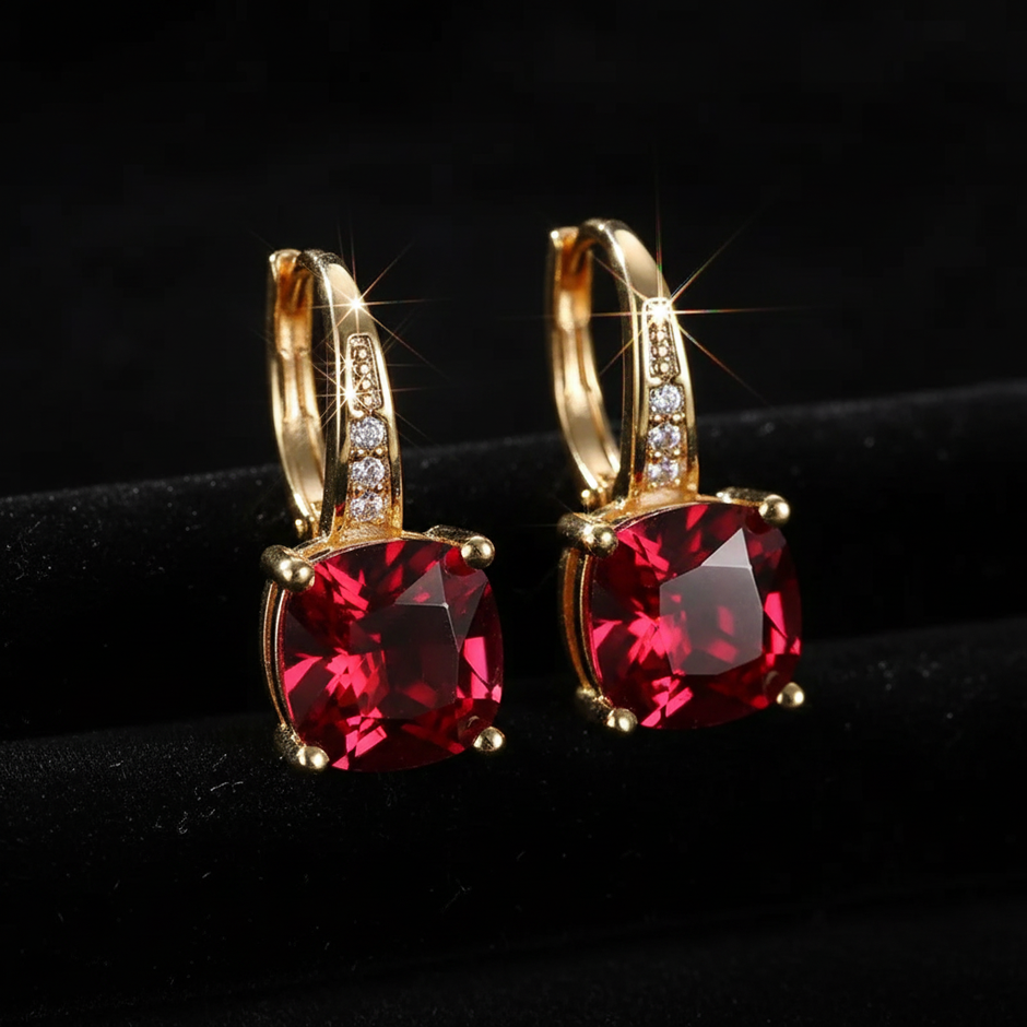 Mystic Ruby Stone Hoop Gold Earrings - V1