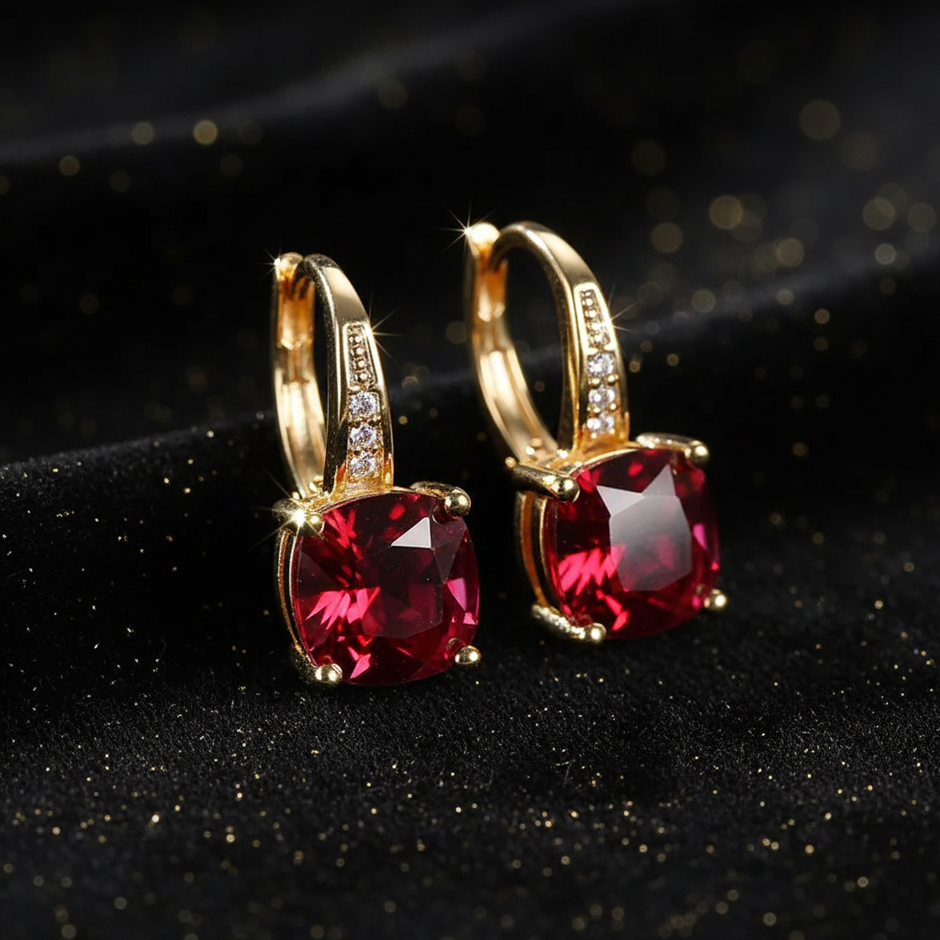 Mystic Ruby Stone Hoop Gold Earrings - V2
