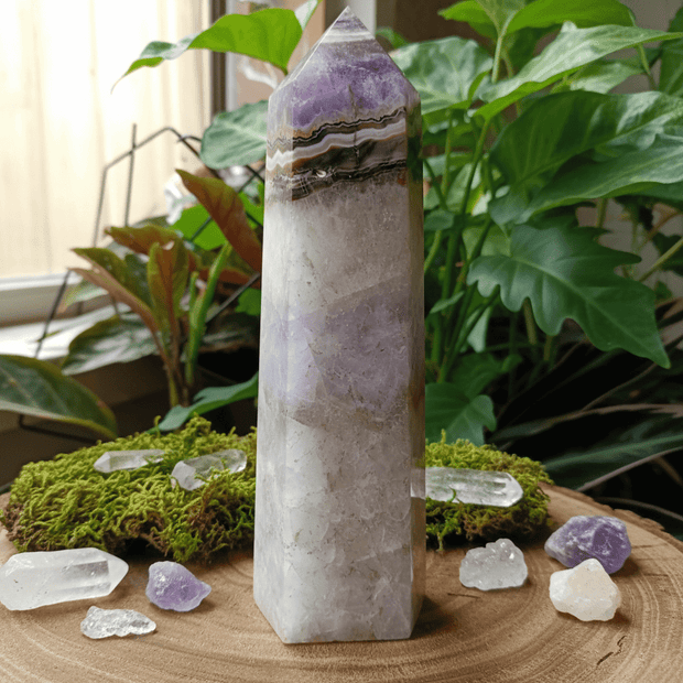 Natural Amethyst & Mexican Lace Agate Crystal Stone Tower - DP Online