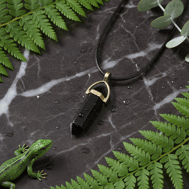 Natural Black Obsidian Gold Prism Pendant Necklace - DP Online