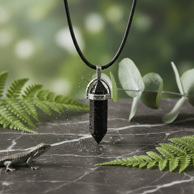 Natural Black Obsidian Shard Silver Prism Pendant Necklace - DP Online