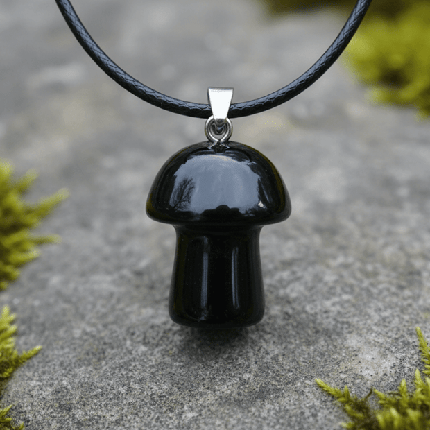 Natural Black Obsidian Stone Mushroom Pendant Necklace - DP Online