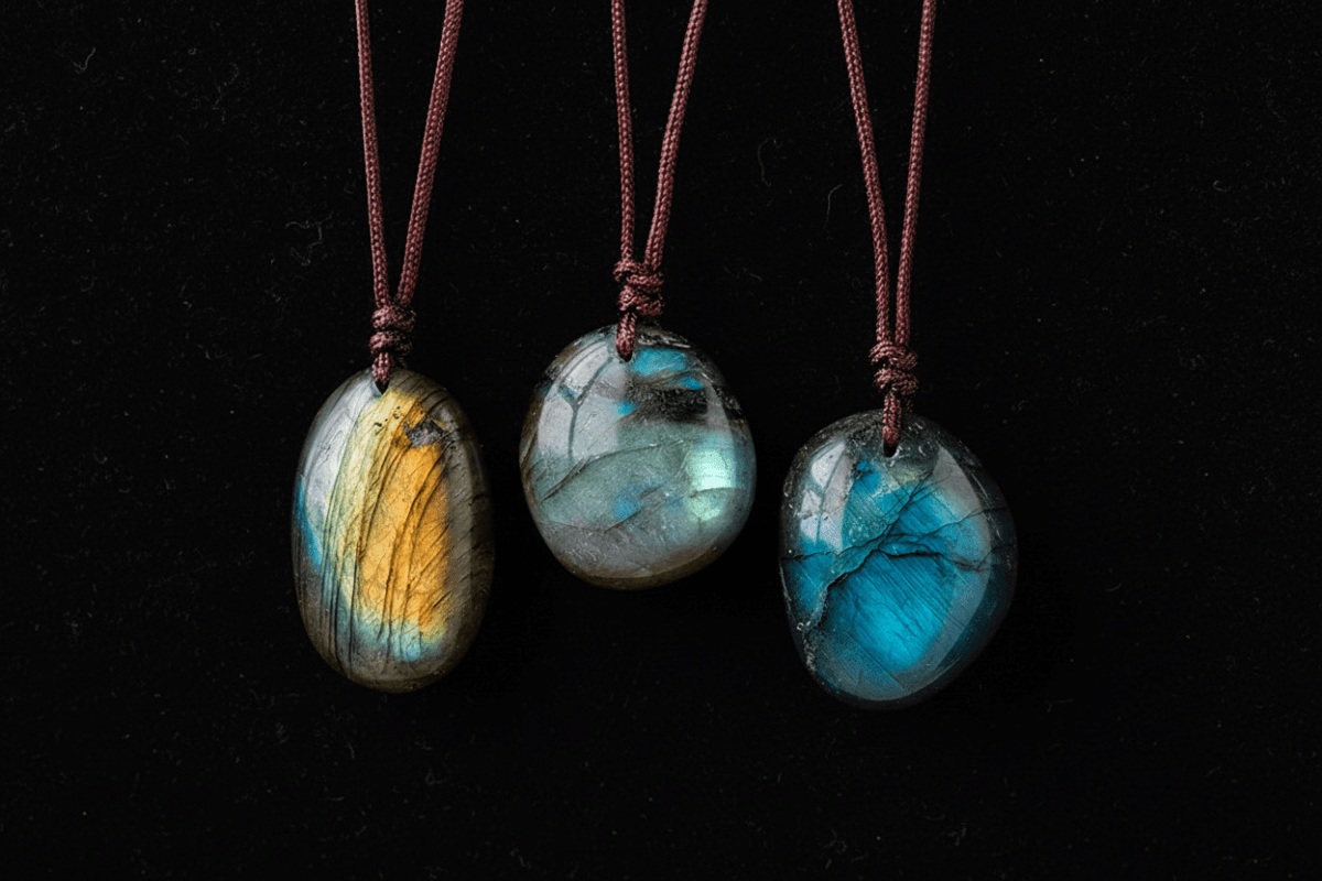 Natural Labradorite Stone Pendant Brown Cord Necklaces - DP Online