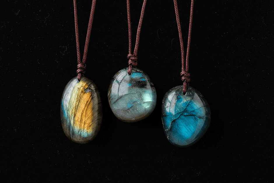 Natural Labradorite Stone Pendant Brown Cord Necklaces - DP Online