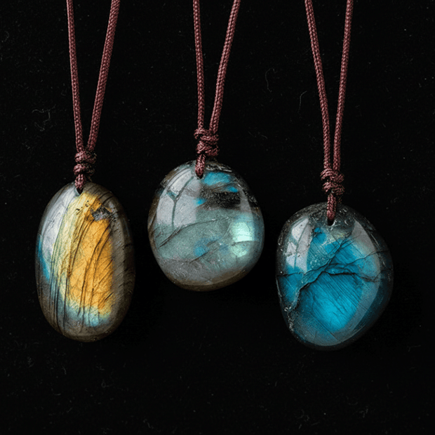 Natural Labradorite Stone Pendant Brown Cord Necklaces - DP Online