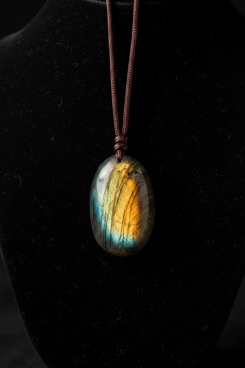 Natural Labradorite Stone Pendant Brown Cord Necklaces - DP Online
