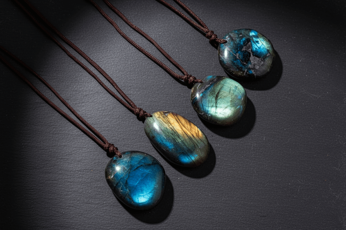 Natural Labradorite Stone Pendant Brown Cord Necklaces - DP Online