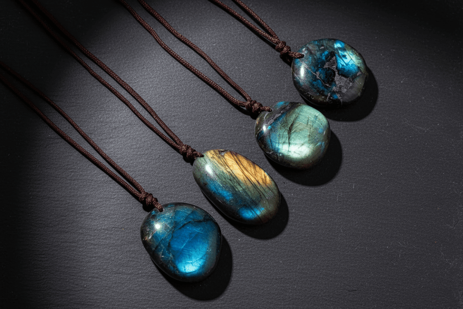 Natural Labradorite Stone Pendant Brown Cord Necklaces - DP Online