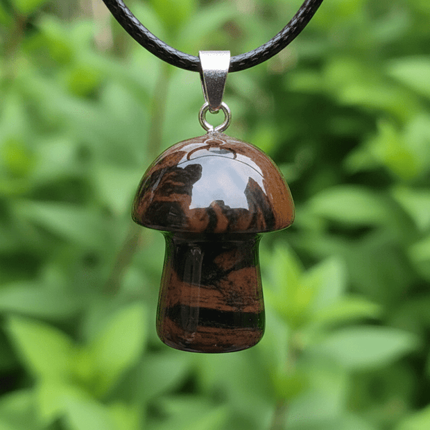 Natural Mahogany Obsidian Stone Mushroom Pendant Necklace - DP Online