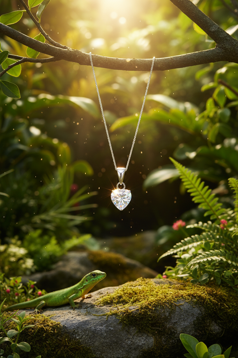 Necklace hanging from branch with lizard