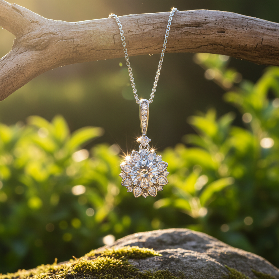 Necklace with intense sparkle from direct sunlight