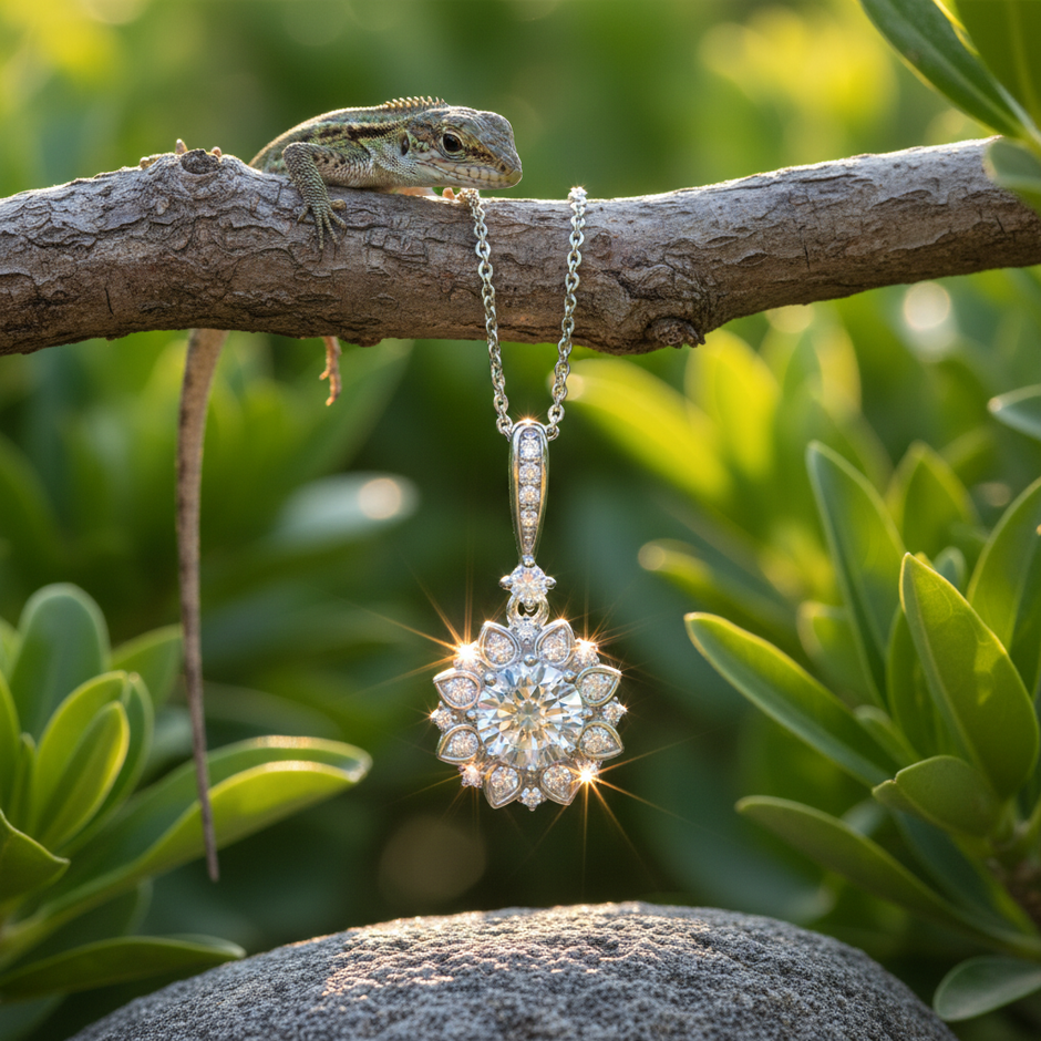 Necklace with lizard on branch looking at sparkle