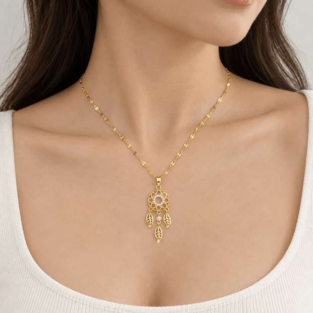 18ct Gold Moonstone Cubic Zirconia Dreamcatcher Pendant Necklace