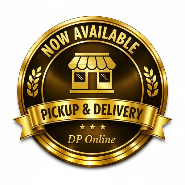 A circular gold and black promotional badge with the text 'NOW AVAILABLE', 'PICKUP & DELIVERY', and 'DP Online', plus a small storefront icon in the center, shown on a white background.